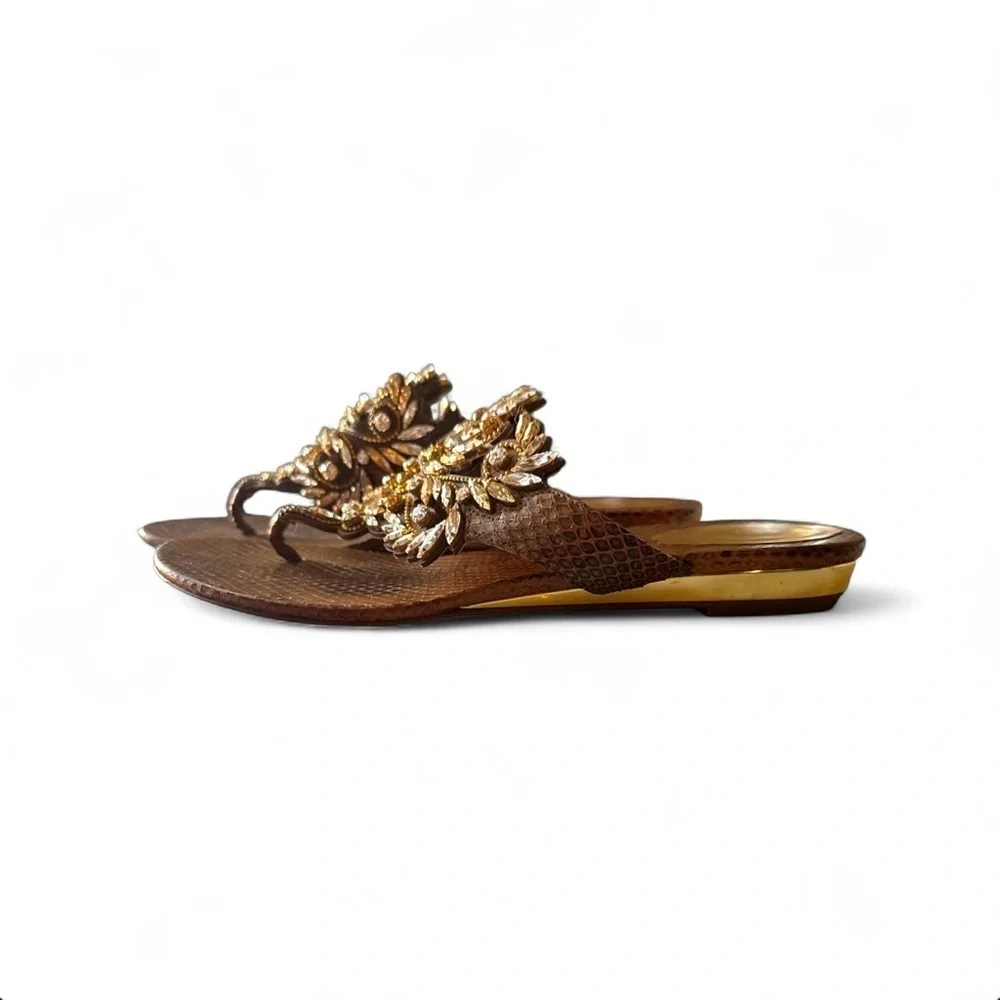 Rene Caovilla Crystal Leaf Sandals Metallic Gold Wedge Thong IT 38.5 US 8.5
